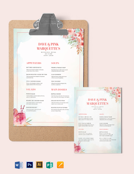 Cocktail Wedding Menu Template - Illustrator, Word, Apple Pages, PSD, Publisher