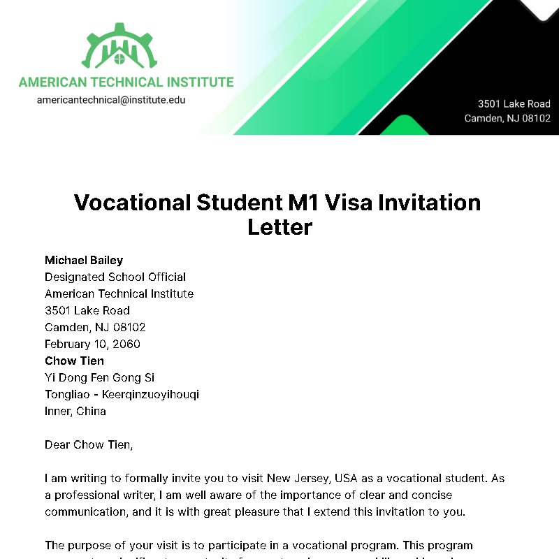 Vocational Student M1 Visa Invitation Letter Template