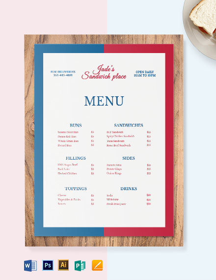 Free French Sandwich Sub Menu Template - Illustrator, Word, Apple Pages, Publisher