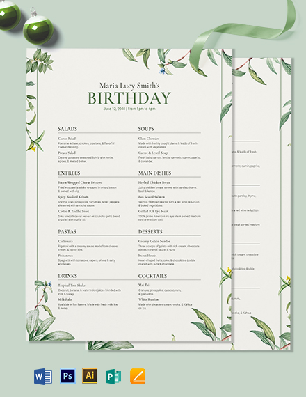 Healthy Birthday Menu Template - Illustrator, Word, Apple Pages, PSD, Publisher