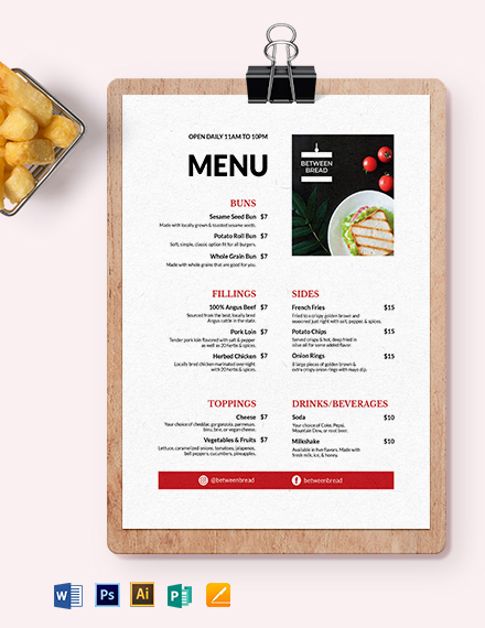 Modern Sandwich- Sub Menu Template - Illustrator, Word, Apple Pages, PSD, Publisher