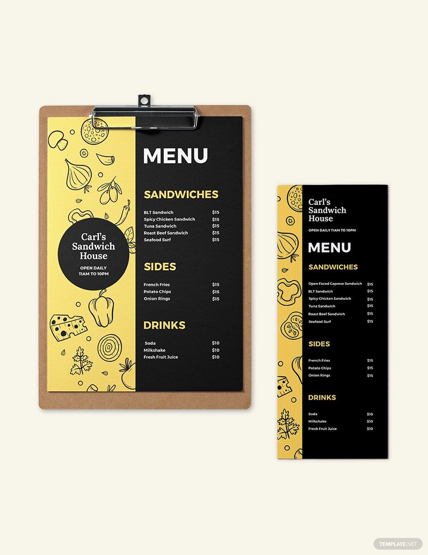 Printable Sandwich Sub Menu Template Illustrator Word Apple Pages 