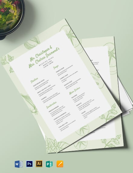 Vegetarian Wedding Menu Template - Illustrator, Word, Apple Pages, PSD, Publisher