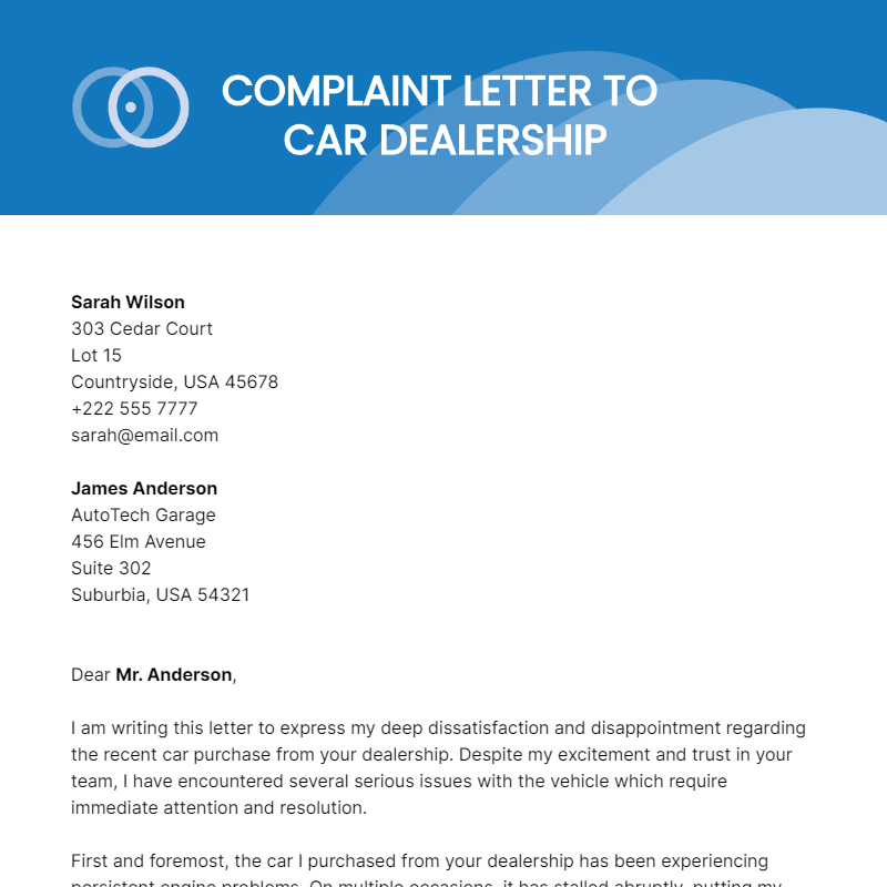 Complaint Letter To Car Dealership Template