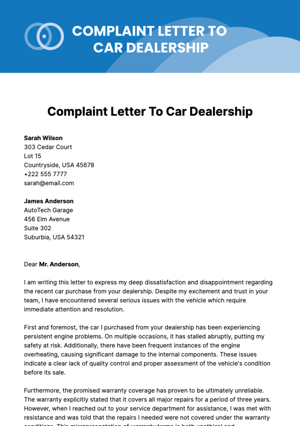 Complaint Letter To Car Dealership Template