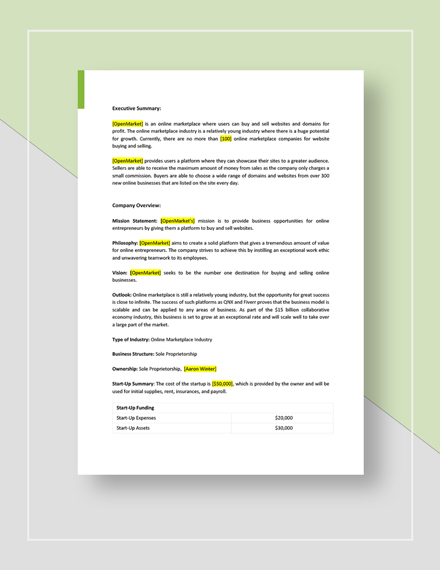 Business Plan Template for Online StartUp Download