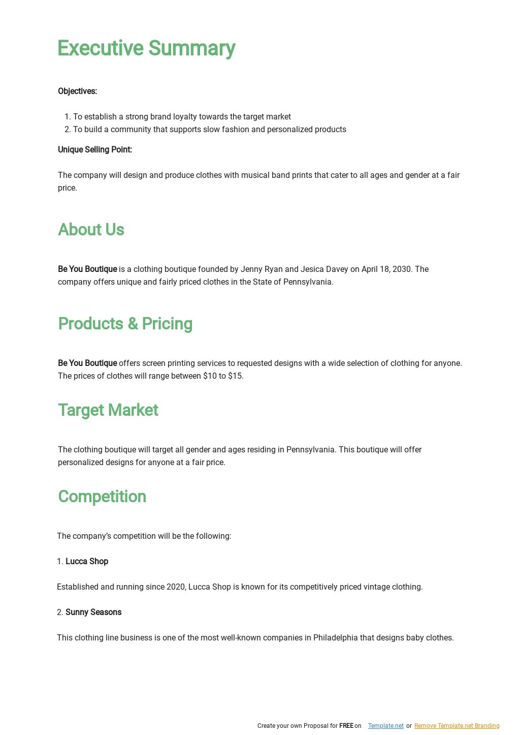 clothing line business plan sample