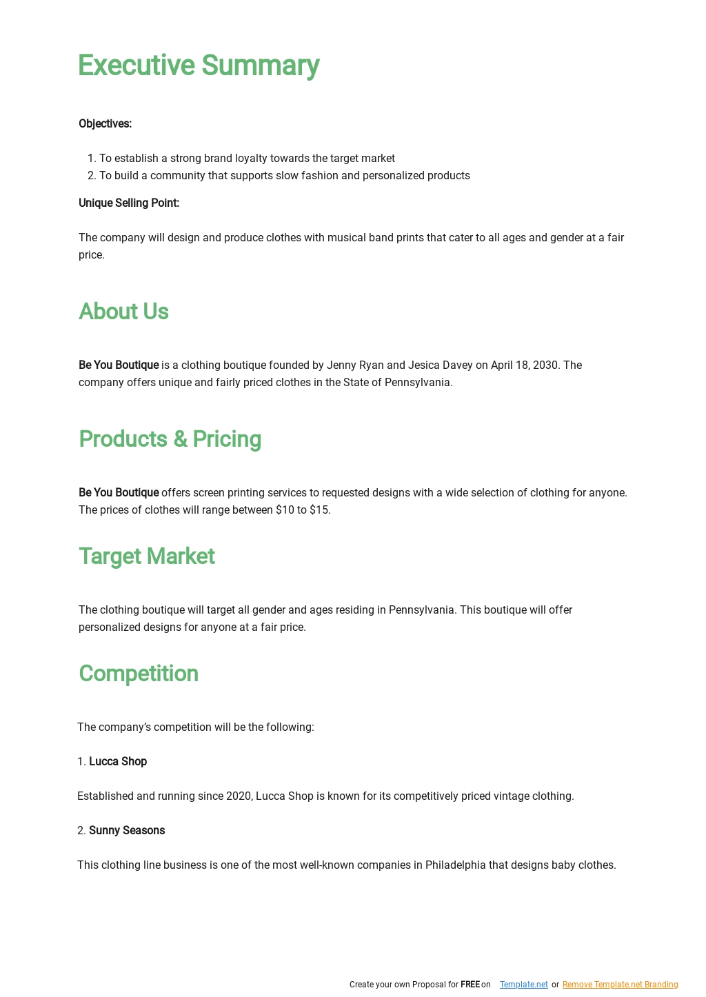 Business Plan Template For Clothing Line