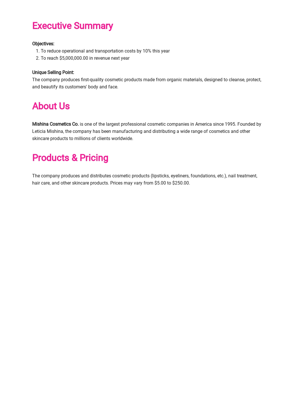 cosmetic line business plan pdf