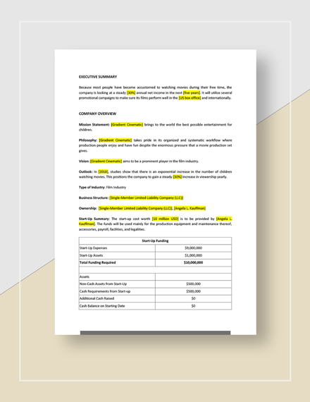 Feature Film business Plan Template - Word (DOC) | Google Docs | Apple