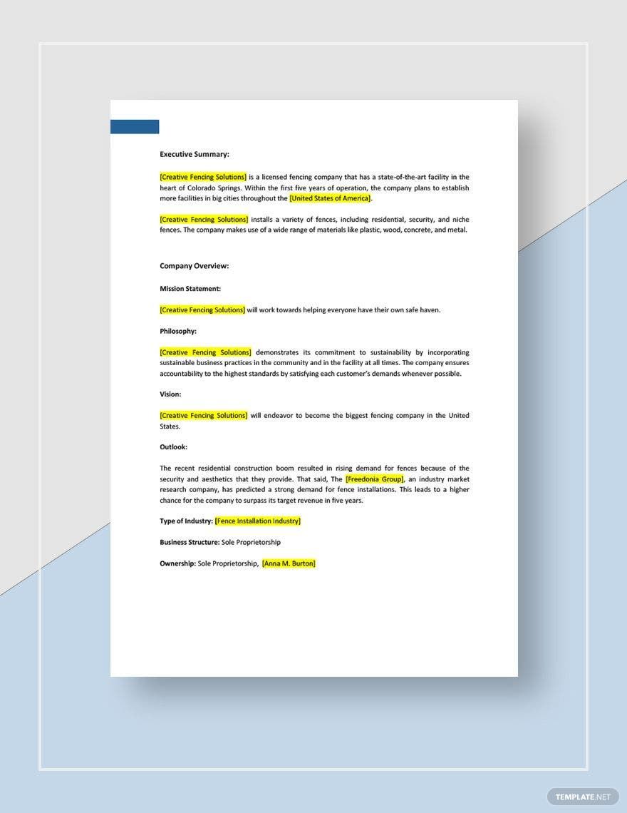 Fencing Business Plan Template Google Docs, Word