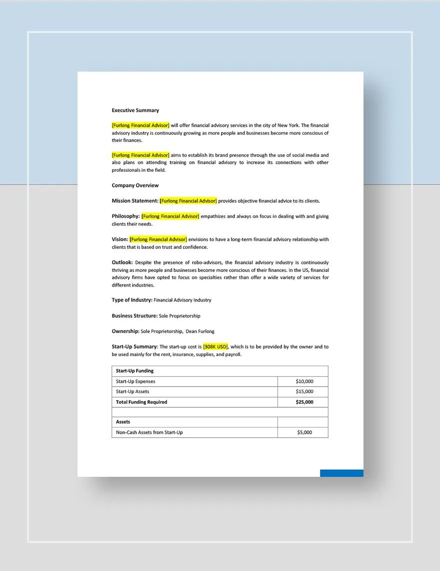 Financial Advisor Business Plan Template in Word, Pages, Google Docs ...