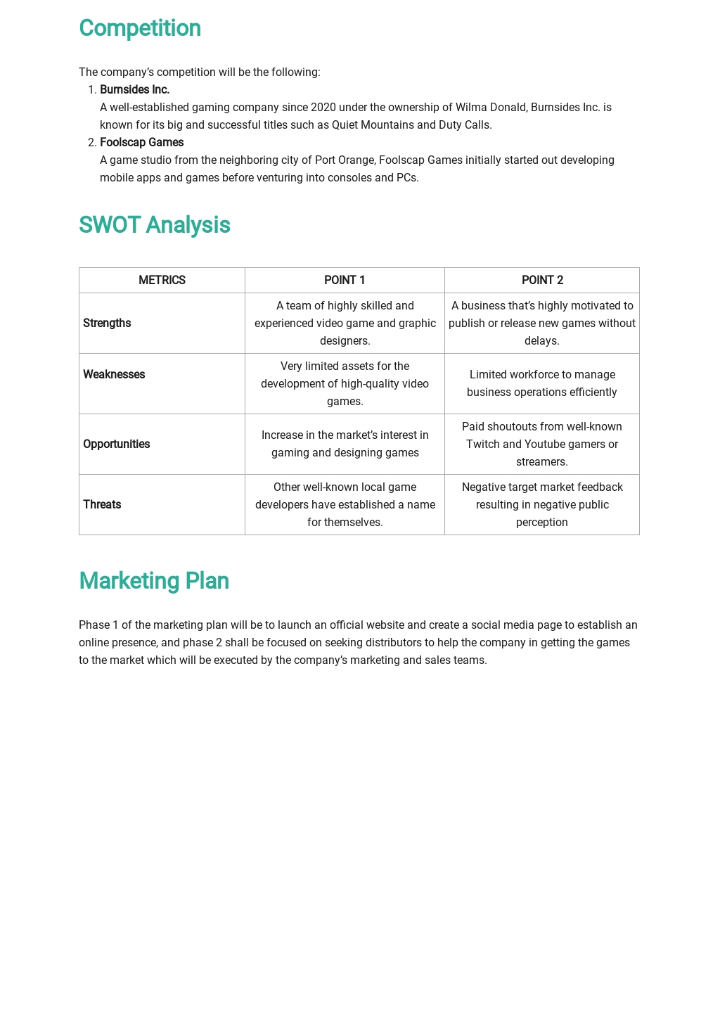 game room business plan template free