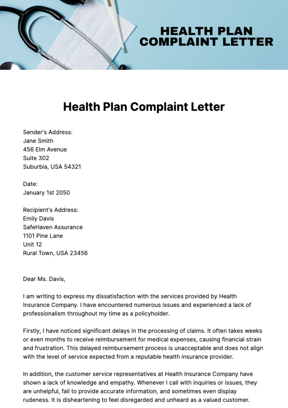 Free Health Plan Complaint Letter Template