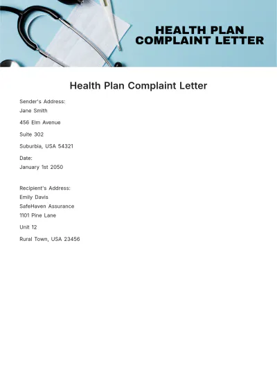 Free Health Plan Complaint Letter Template to Edit Online