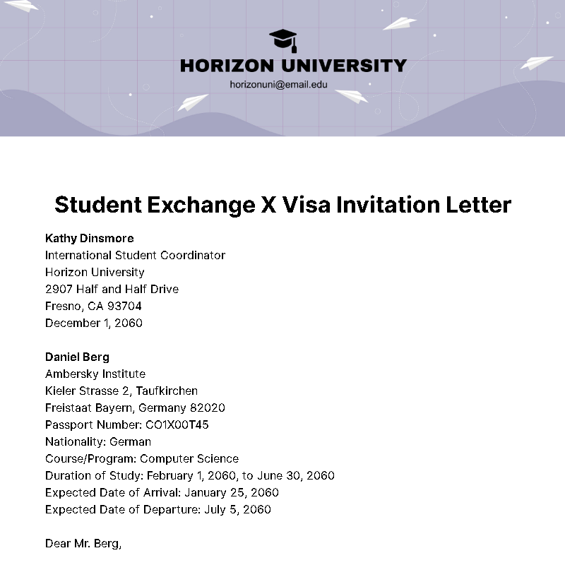 Student Exchange X Visa Invitation Letter Template