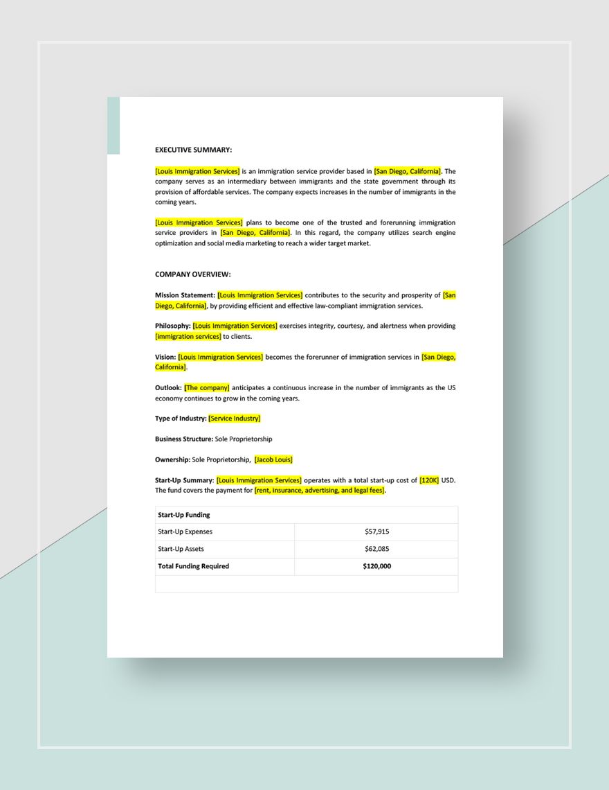 Immigration Business Plan Template