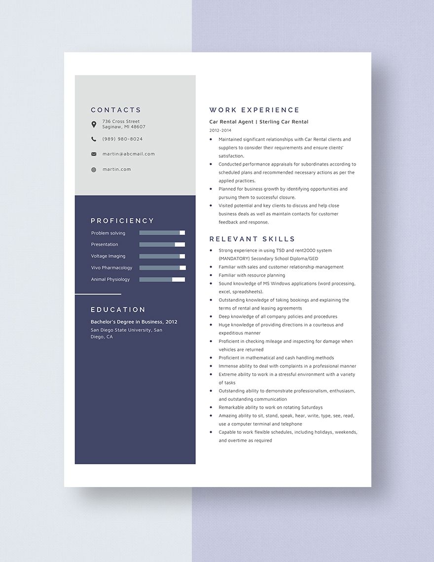 Car Rental Agent Resume in Pages Word Download Template net