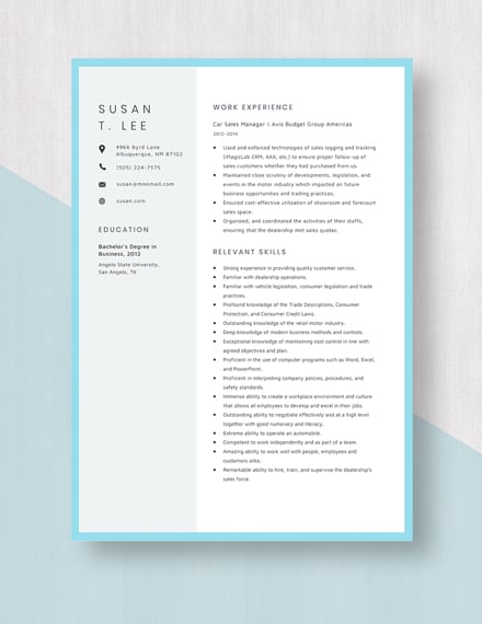 Car Sales Manager Resume Template