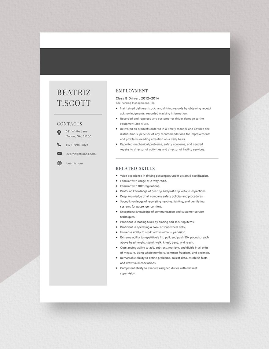 Class B Driver Resume Template - Word, Apple Pages | Template.net