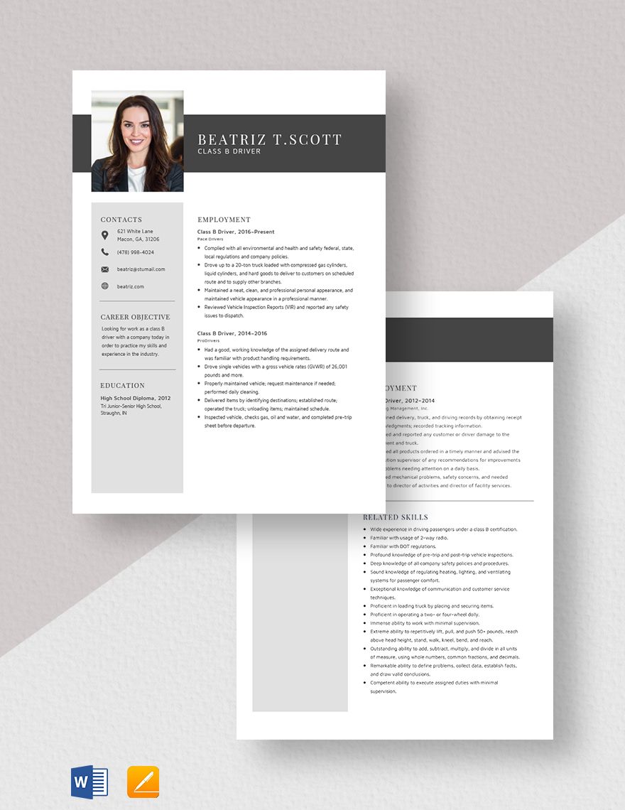 Class B Driver Resume Template - Word, Apple Pages | Template.net