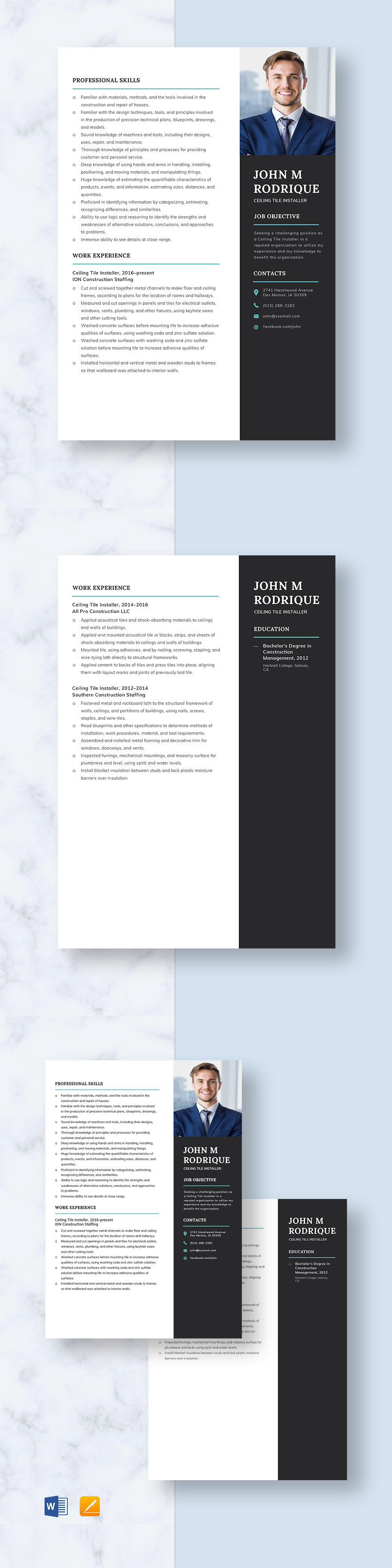 Ceiling Tile Installer Resume Template Word, Apple Pages