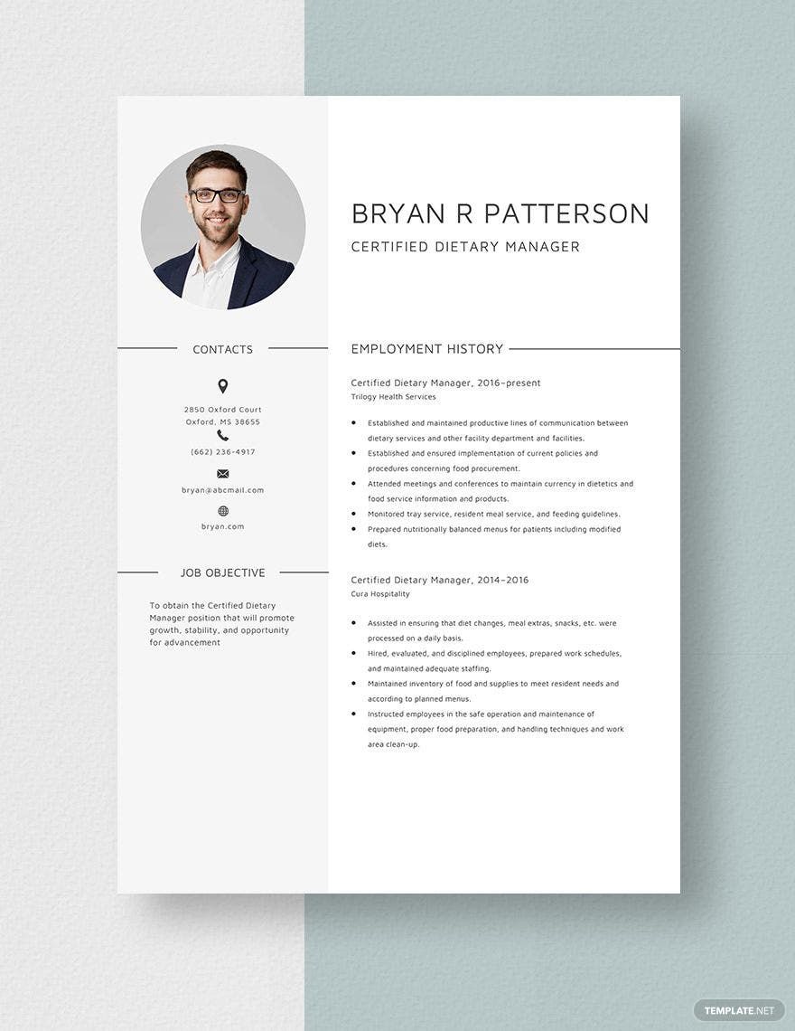 Certified Dietary Manager Resume Template