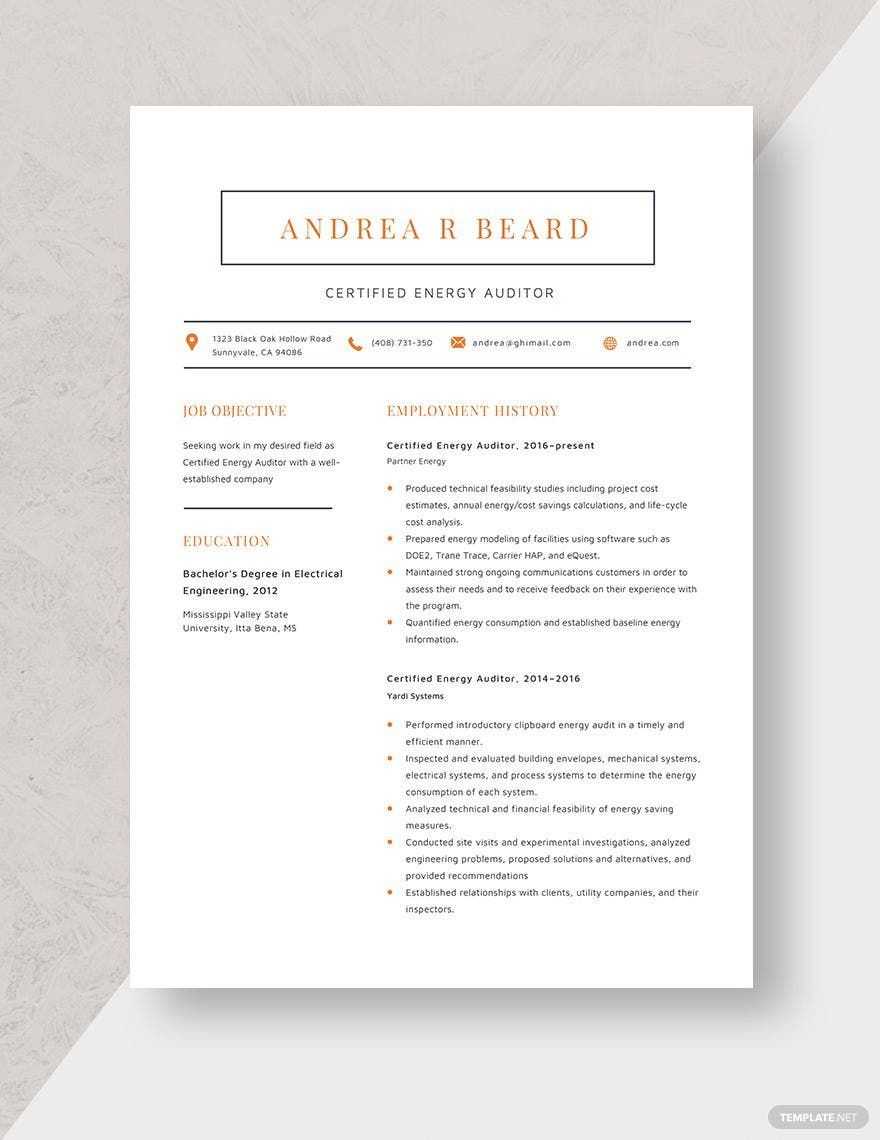 Certified Energy Auditor Resume Template