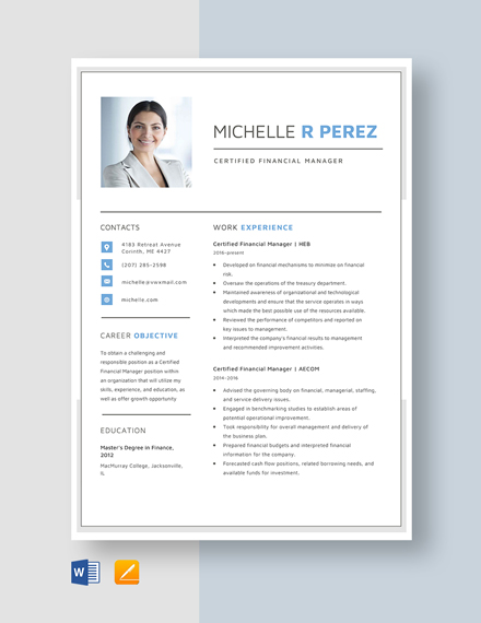 Certified Financial Manager Resume Template - Word, Apple Pages