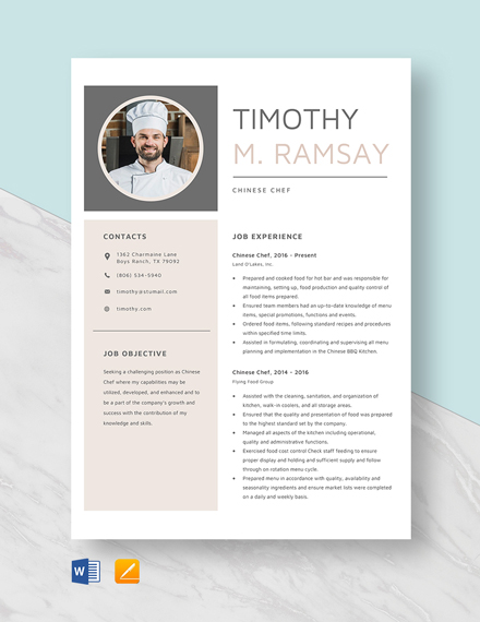 Free Chinese Chef Resume Template - Word, Apple Pages
