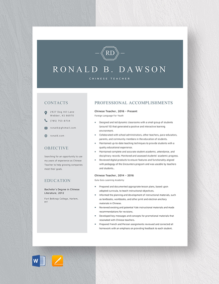 Chinese Teacher Resume Template - Word, Apple Pages