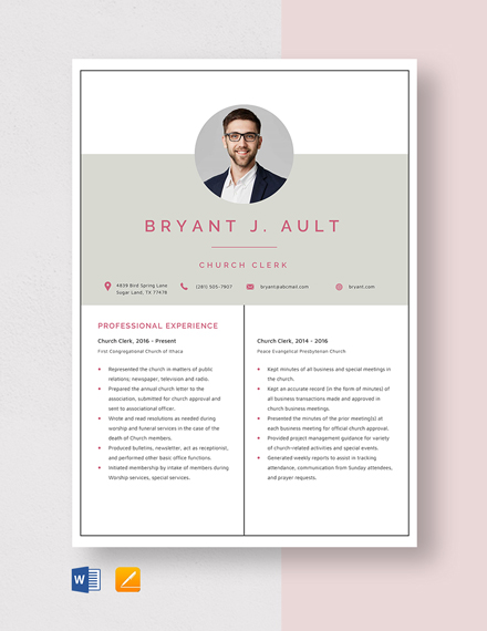 Free Church Clerk Resume Template - Word, Apple Pages