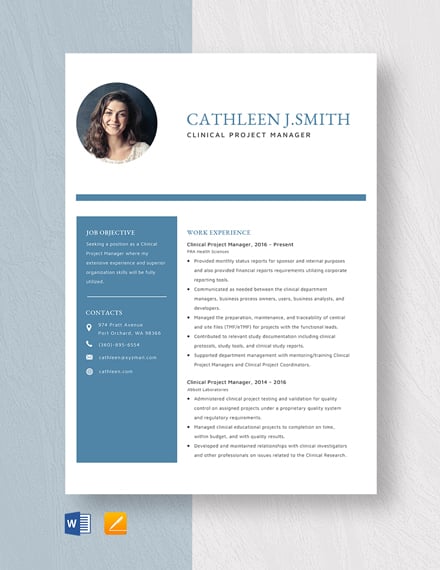 Clinical Project Manager Resume Template - Word, Apple Pages