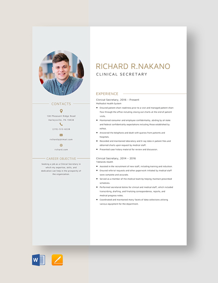 Clinical Secretary Resume Template - Word, Apple Pages