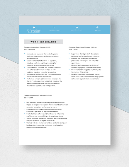 Computer Operations Manager Resume Template