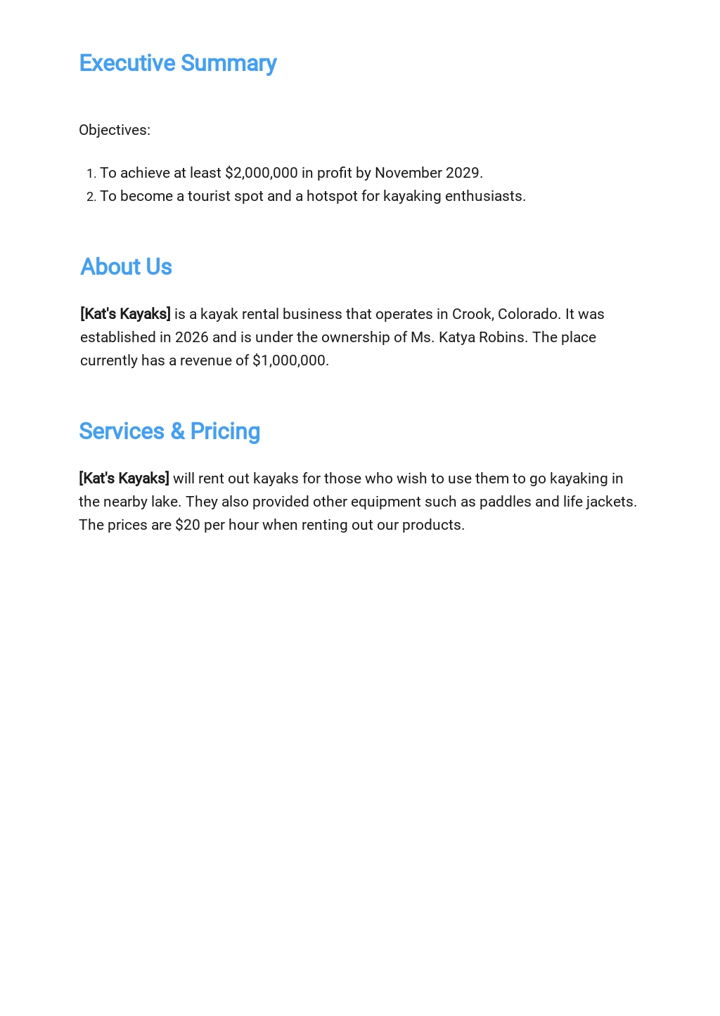 Kayaking business plan image