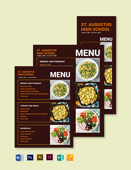 Downloadable School Menu Template - Illustrator, Word, Apple Pages, PSD, Publisher