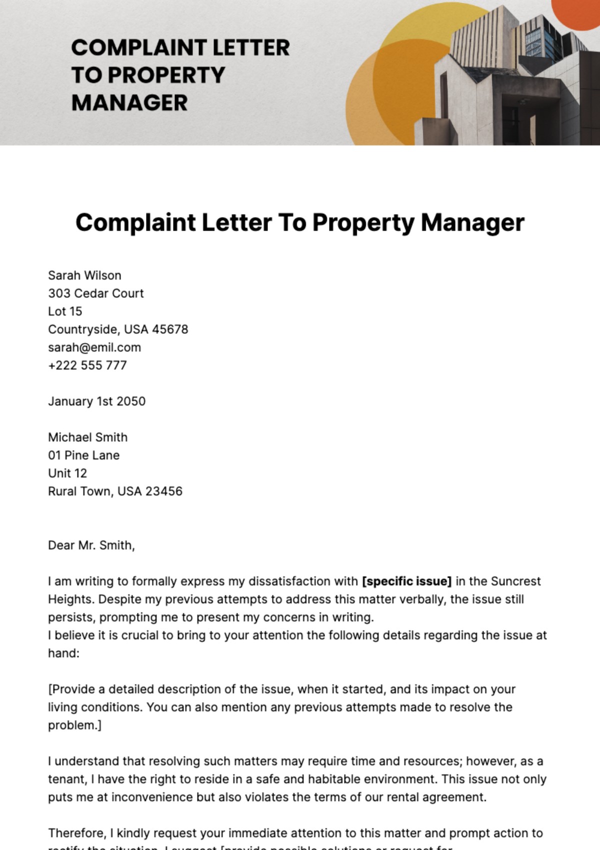 Complaint Letter To Property Manager Template