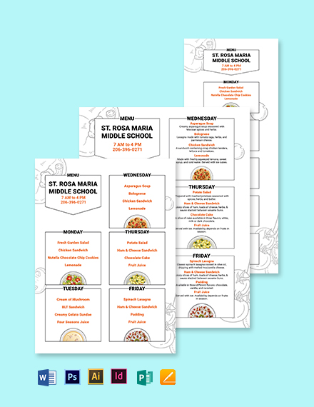 Free Middle School Menu Template - Illustrator, Word, Apple Pages, Publisher