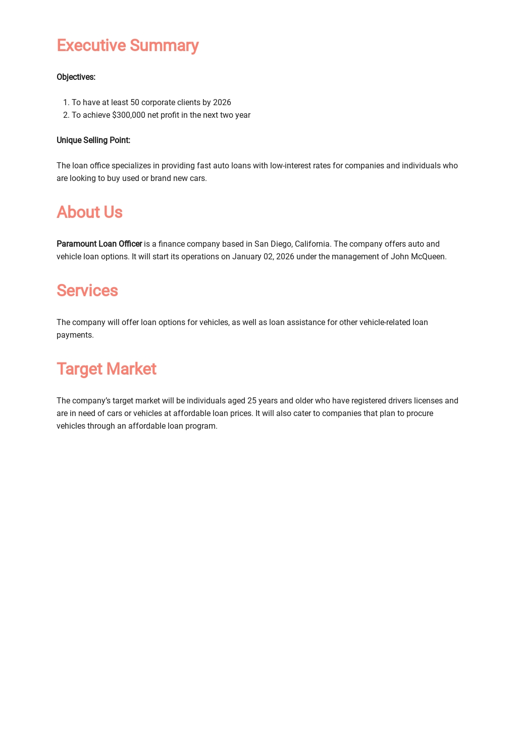 Loan Officer Business Plan Template [Free PDF] Word (DOC) Google Docs