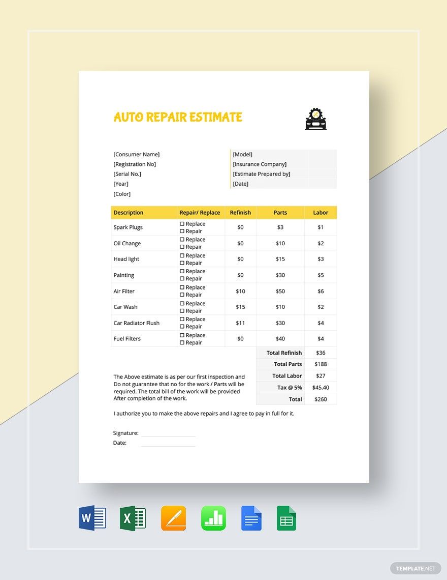 Auto Repair Estimate Template Google Docs, Google Sheets, Excel, Word