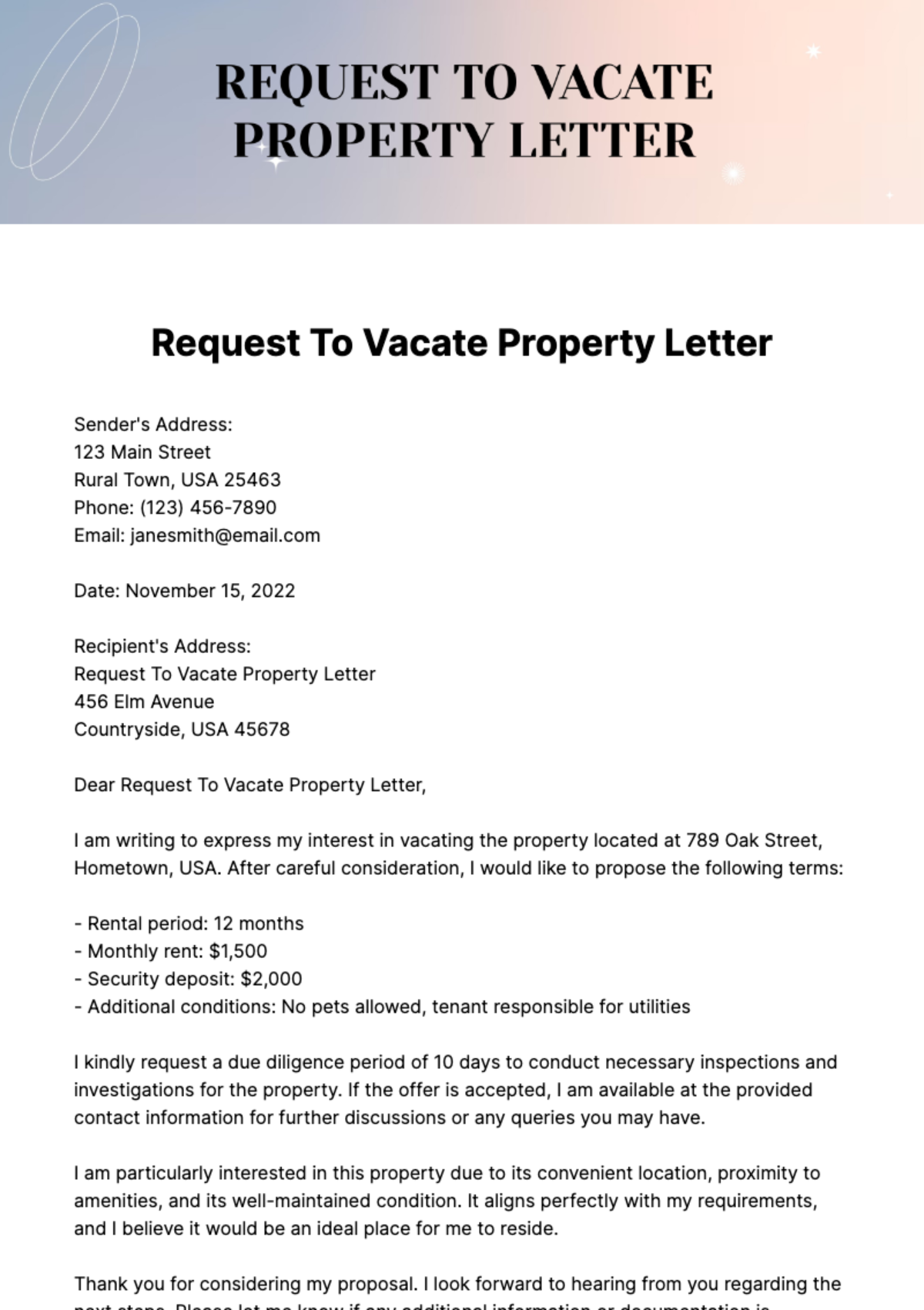 Request To Vacate Property Letter Template
