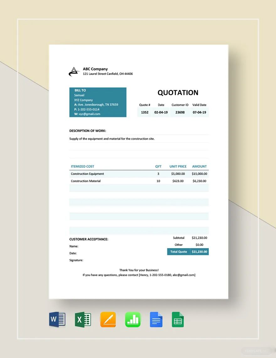 Sample Business Quotation Format Template in Word, Google Docs, Excel, Google Sheets, Apple Pages, Apple Numbers