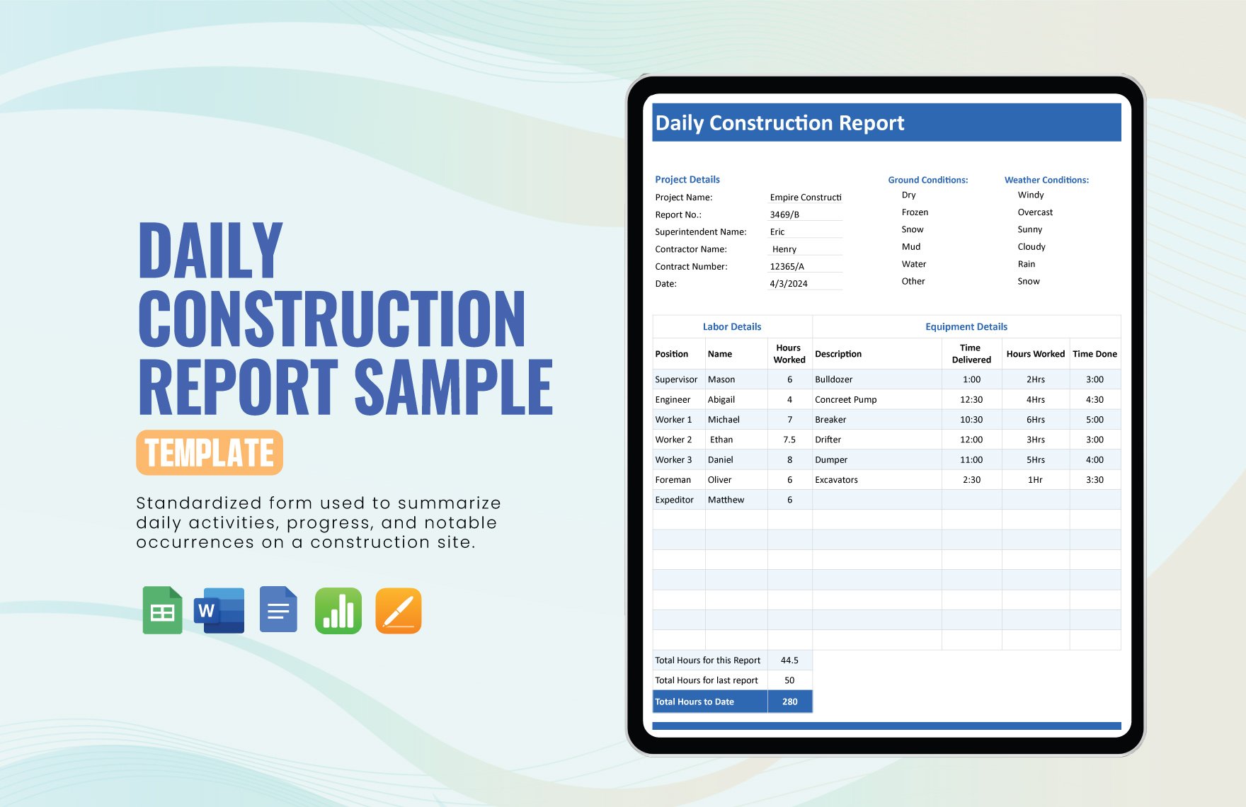 Daily Construction Report Sample in Word, Google Docs, Google Sheets, Apple Pages, Apple Numbers