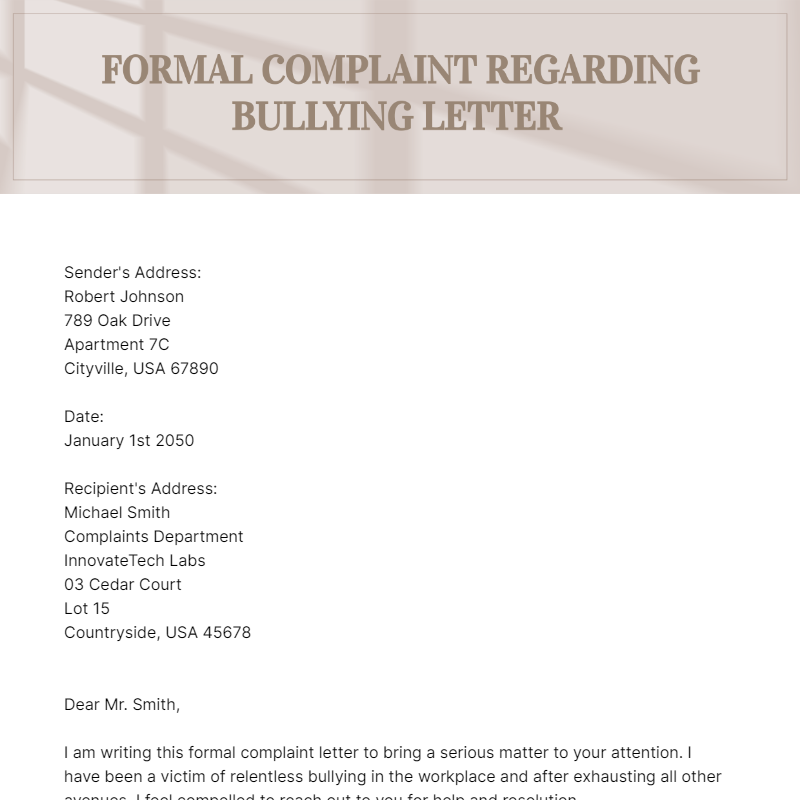 Formal Complaint Regarding Bullying Letter Template