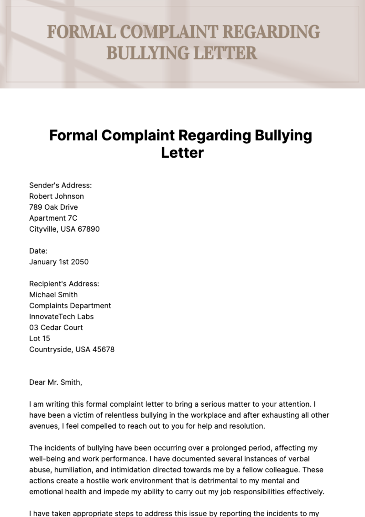 Formal Complaint Regarding Bullying Letter Template
