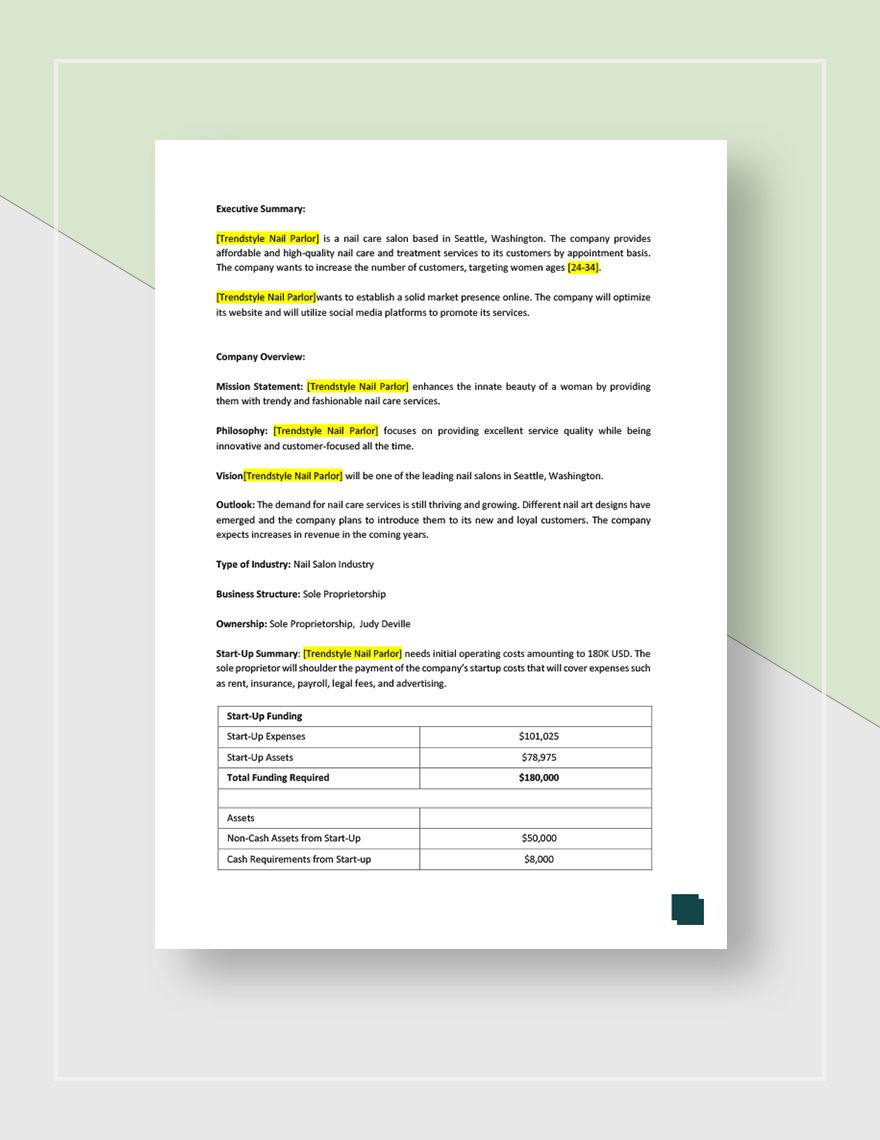 Nail Salon Business Plan Template - Google Docs, Word, Apple Pages |  