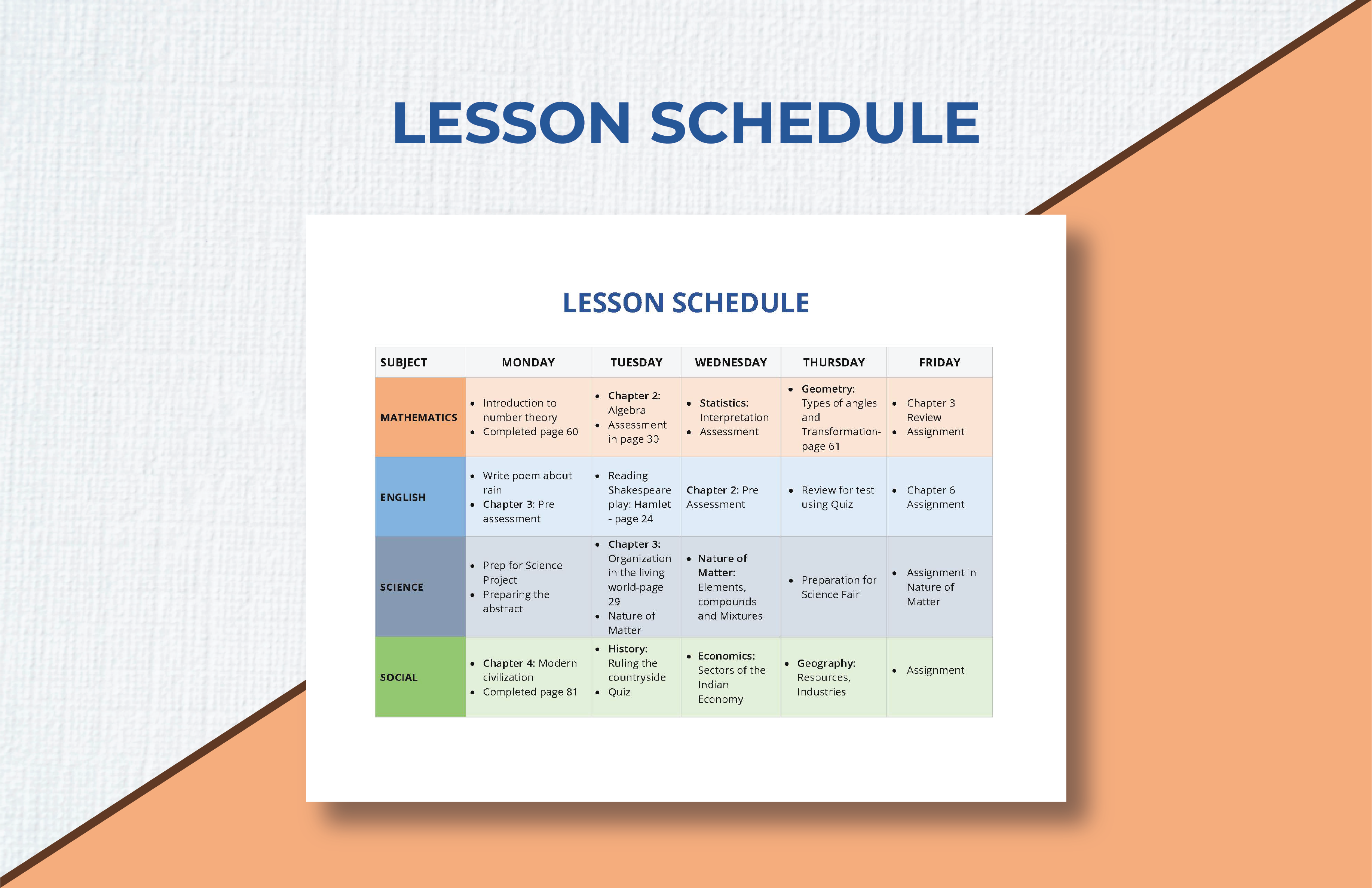Lesson Schedule Template Download in Word, Google Docs, Apple Pages