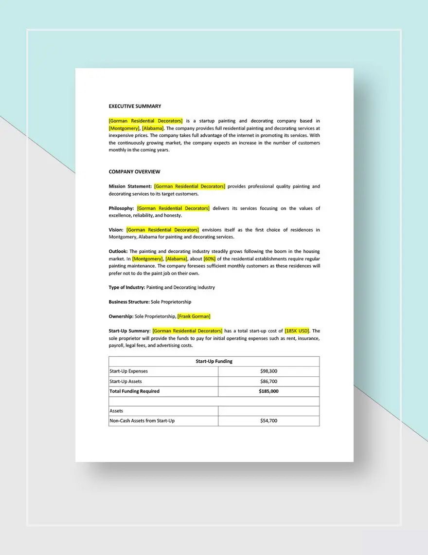 Painting / Decorator Business Plan Template