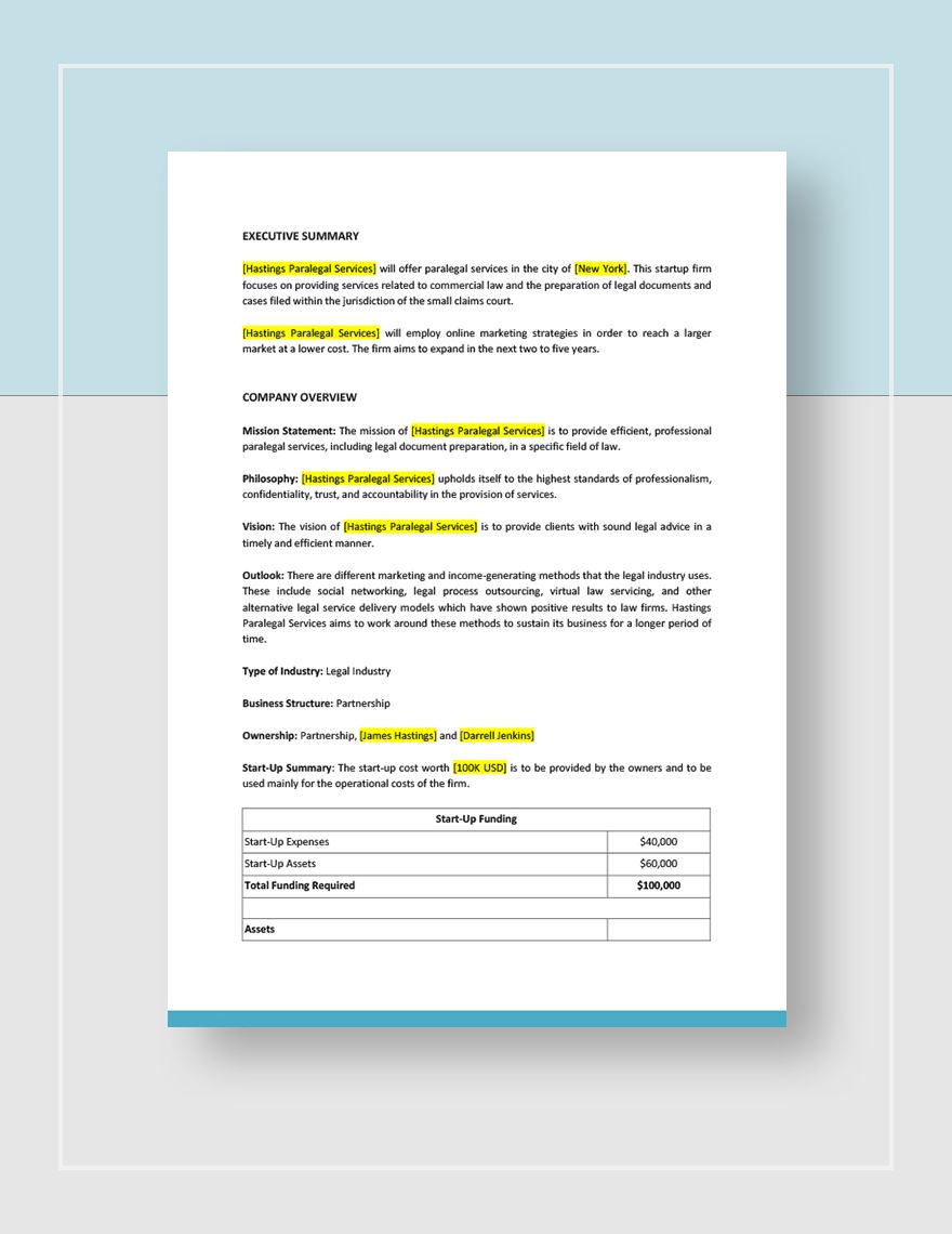 Paralegal Business Plan Template
